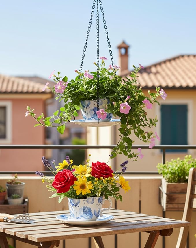 TEATALK Hanging Planters for Indoor Plants, Ceramic Pots with Drainage Hole, 6.3 Inch Hanging Planter with Chain, Outdoor Hanging Baskets for Plants, Blue Flowers, Cup Shape