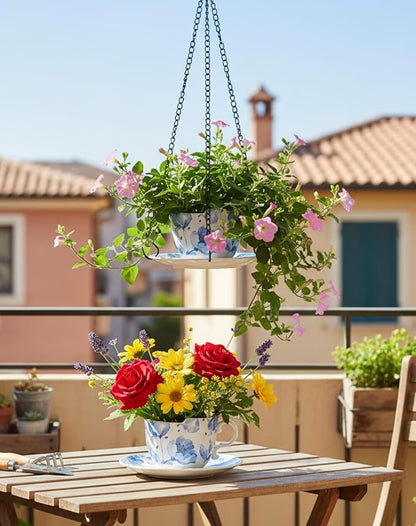 TEATALK Hanging Planters for Indoor Plants, Ceramic Pots with Drainage Hole, 6.3 Inch Hanging Planter with Chain, Outdoor Hanging Baskets for Plants, Blue Flowers, Cup Shape