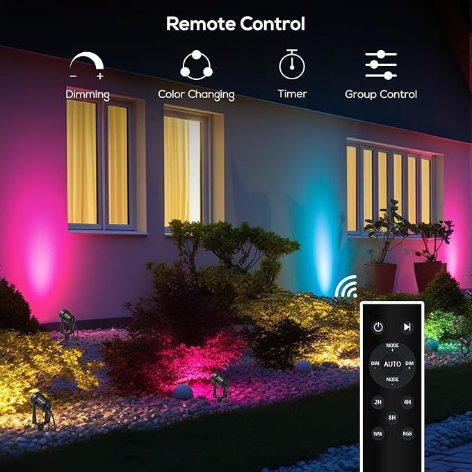 SUNTHIN Outdoor Landscape Lighting with Remote, RGBW Color Changing Spot Uplights, 6 Pack