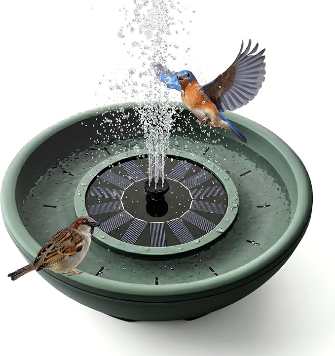 Solar Bird Bath with Fountain,12.4" Dark Green Birdbath for Outdoors,Tool-Free 10s Assembly,6 Spray Nozzles,Lightweight Plastic Water Feature for Garden Decor,Patio Gitf,Hummingbirds