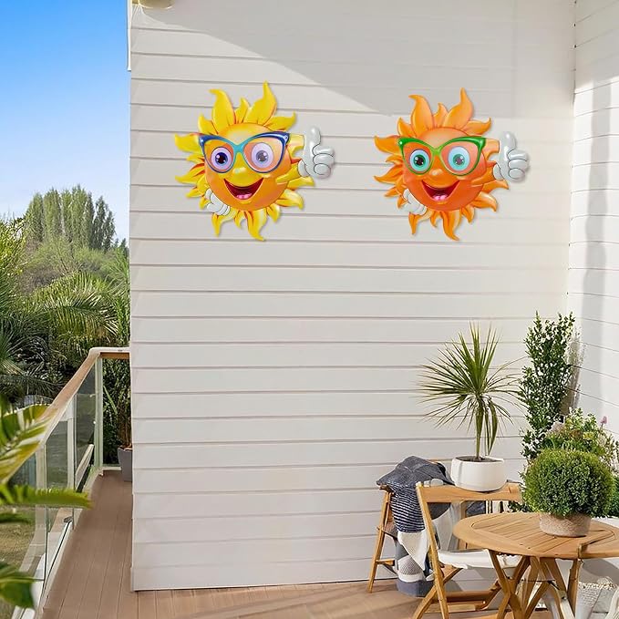 2Pcs Metal Sun Wall Decor, 13Inches Sun Outdoor Wall Art for Garden Yard Room Kitchen Patio Fence Decorations