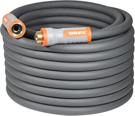 YAMATIC 50ft Flexible Garden Hose 5/8in with Swivel Handle, Burst 600 PSI | 50ft Heavy Duty Hybrid Water Hose with 3/4" Brass Connections for All Weather Lawn Yard Agriculture, 360° Rotating Fittings