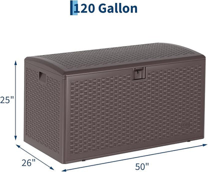 120 Gallon Waterproof Large Resin Deck Box Indoor Outdoor, Lockable Storage Container for Patio Furniture Cushions, Throw Pillows, Garden Tools, and Pool Floats, Brown