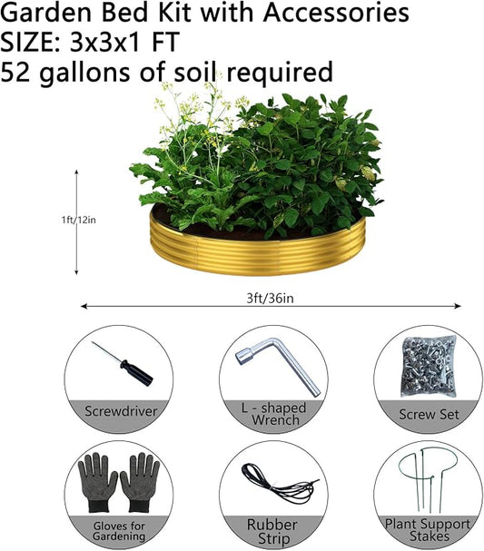 ZFHgarden Galvanized Metal Planter Round Raised Garden Bed Kit for Gardening Outdoor Galvanized Planter Outdoor 2PC Gold 3X3X1FT