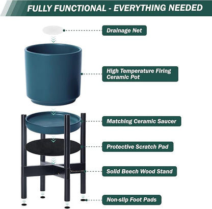 D'vine Dev Ceramic Planter with Ebony Stand - 12 Inch Modern Round Flower Pot with Wood Planter Holder, Teal, 55-B-H-4