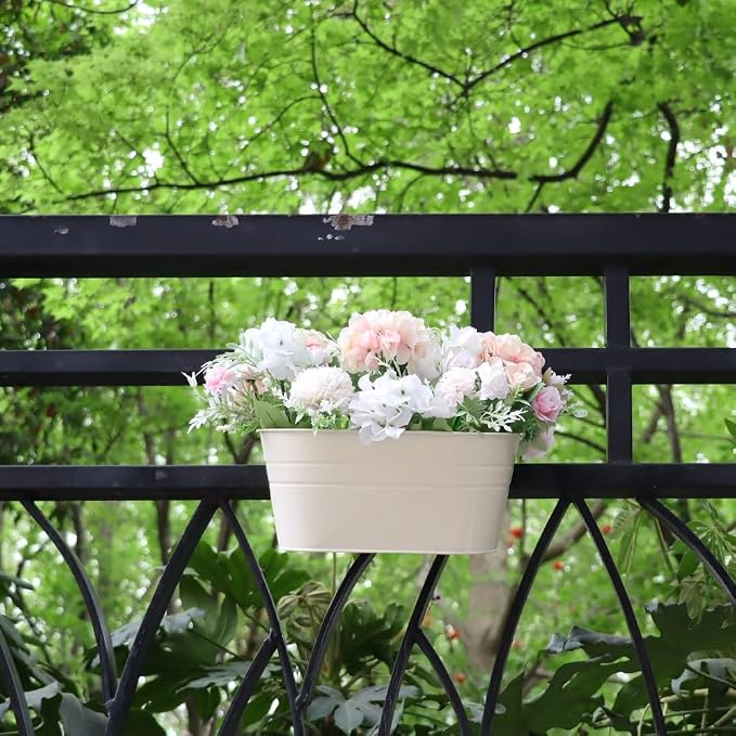 Meltset 3 Pack Metal Iron Hanging Flower Pot, Oval Railing Fence Garden Balcony Planter Pots, Metal Bucket Flower Holders for Wall Indoor Outdoor Home Décor, Beige