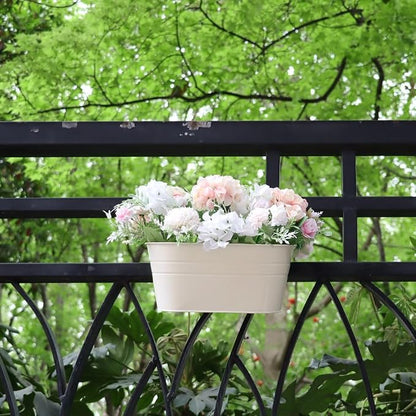 Meltset 3 Pack Metal Iron Hanging Flower Pot, Oval Railing Fence Garden Balcony Planter Pots, Metal Bucket Flower Holders for Wall Indoor Outdoor Home Décor, Beige