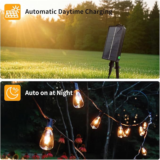 50FT Solar String Lights Outdoor Waterproof, 15+2 Shatterproof with Edison Bulbs,Solar Powered Outdoor Lights with Remote, LED String SolarLights for Garden, Backyard, Parties