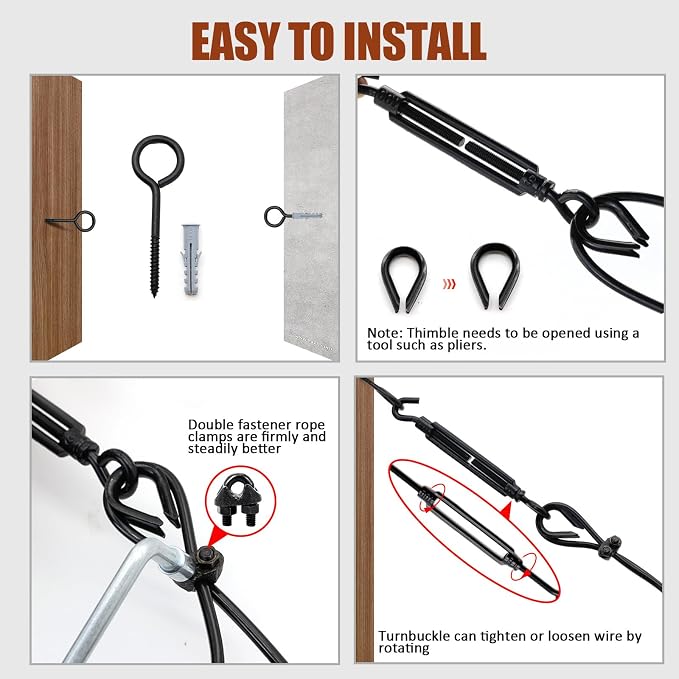 String Light Hanging Kit Outdoor, All-Black String Light Wire Hanging Kit Includ 100FT PVC Coated Steel Cable with Enough Accessories, Guide Wire for Outdoor String Lights, Patio Lights