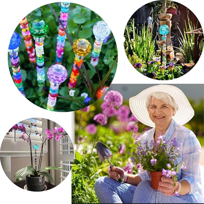 Handmade Beaded Garden Stakes – Set of 4 Decorative Crystal Plant Wands, Glass Suncatcher Ornaments for Potted Plants & Flower Beds, Unique Garden Gifts for Plant Lover & Mother’s Day – 12 Inch
