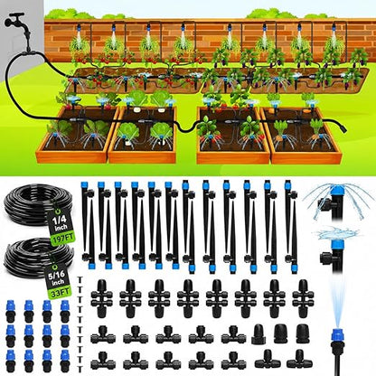 Bonviee 230FT Drip Irrigation System, 33FT 5/16" Mainline, Quick Connect | 33FT 5/16" and 197FT 1/4" Tubing. Garden watering System for Raised Beds, Greenhouses. 70% Water Savings. GRS Certified.