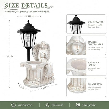 Solar Angel Outdoor Garden Statues with Lantern & Flower Pot | Resin Angel Figurines for Yard Lawn Porch Patio Balcony Decor- Gifts for Women Mom Grandma