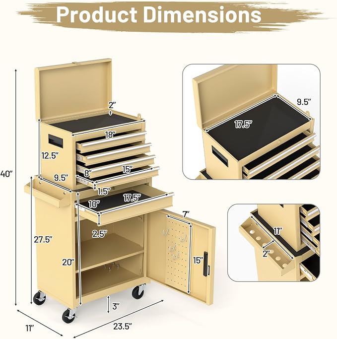 Goplus Tool Chest, 5 Drawers Rolling Tool Cabinet with Detachable Top Toolbox, Universal Lockable Wheels, Lock Bar, Protective Liner & Tool Rack, Metal Tool Storage Cart, Tool Box for Garage Workshop