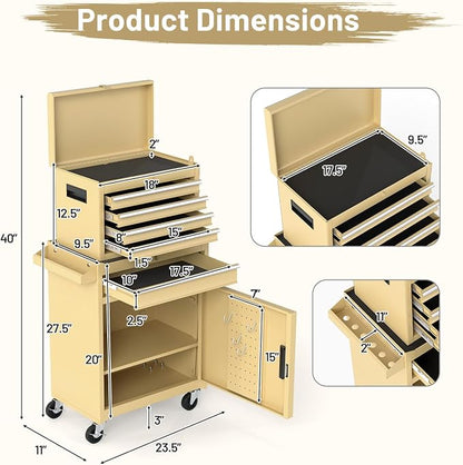 Goplus Tool Chest, 5 Drawers Rolling Tool Cabinet with Detachable Top Toolbox, Universal Lockable Wheels, Lock Bar, Protective Liner & Tool Rack, Metal Tool Storage Cart, Tool Box for Garage Workshop