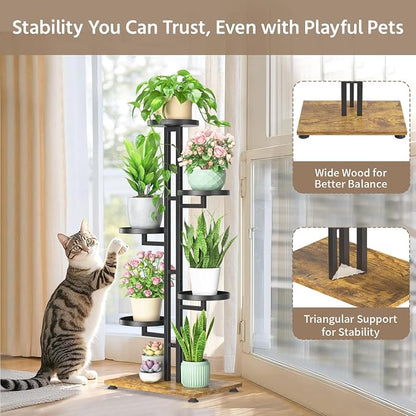 LASZOLA Black 5 Tiered Plant Stand Indoors Heavy Duty Metal Rack, Sturdy Multi Level Shleving Hold Flowers, Larger House Decorate Ladder for Planting Inside Tree Herb Cactus, Wooden Base, Space Saving