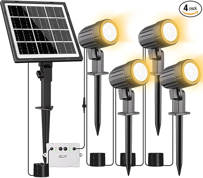 Cly 4-in-1 Solar Spot Lights Outdoor 2700K Solar Powered Landscape Lighting | Warm White Low Voltage IP66 Waterproof 14M Cable Auto On/Off for Outside Garden Yard Landscape Pathway