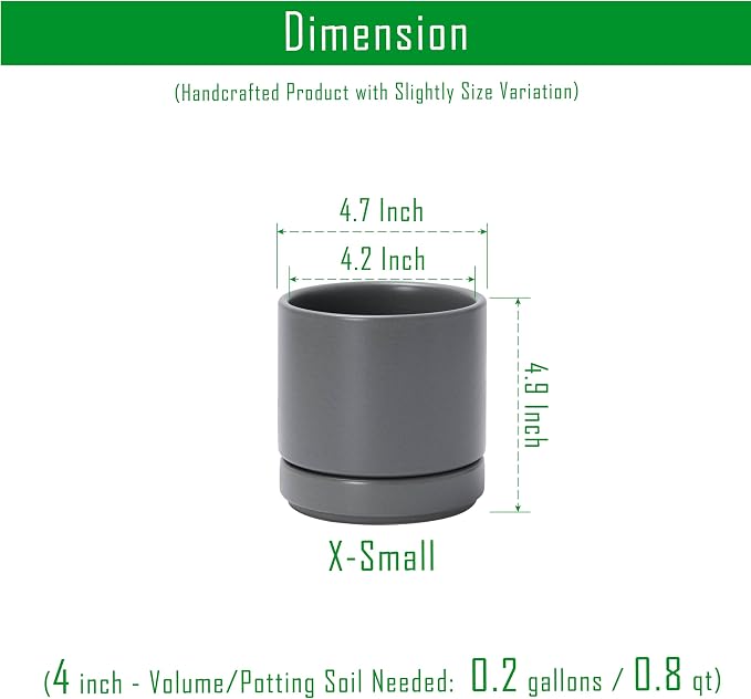 D'vine Dev 4.7 Inch Ceramic Planter Pot, Grey, 94-O-B-3 | Modern Cylinder Design, Drainage Hole & Saucer Included, Stable Structure, Elegant Home Accent
