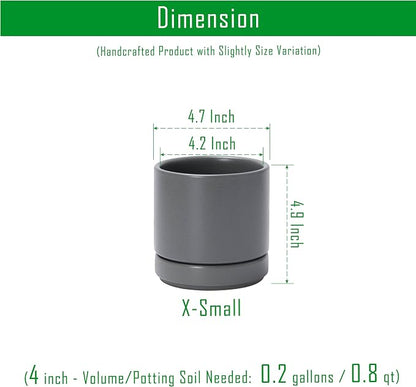 D'vine Dev 4.7 Inch Ceramic Planter Pot, Grey, 94-O-B-3 | Modern Cylinder Design, Drainage Hole & Saucer Included, Stable Structure, Elegant Home Accent