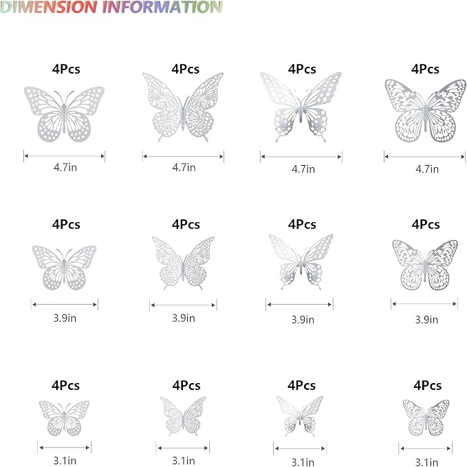 SAOROPEB 3D Butterfly Wall Decor, 48 Pcs 4 Styles 3 Sizes, Removable Metallic Wall Sticker Room Mural Decals for Kids Bedroom Nursery Classroom Party Decoration Wedding Decor DIY Gift (Sliver)