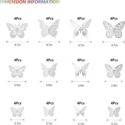 SAOROPEB 3D Butterfly Wall Decor, 48 Pcs 4 Styles 3 Sizes, Removable Metallic Wall Sticker Room Mural Decals for Kids Bedroom Nursery Classroom Party Decoration Wedding Decor DIY Gift (Sliver)