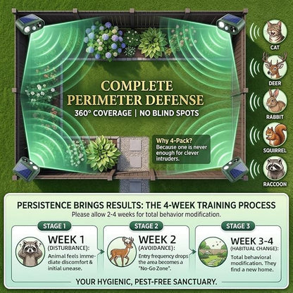 4 Pack Ultrasonic Deer Repellent for Plants Garden Solar Animal Repellent Outdoor with Motion Sensor & Strobe Light for Rabbit Cat Deterrent Raccoon Squirrel Fortress Pro Keep Pests Out of Yard Farm