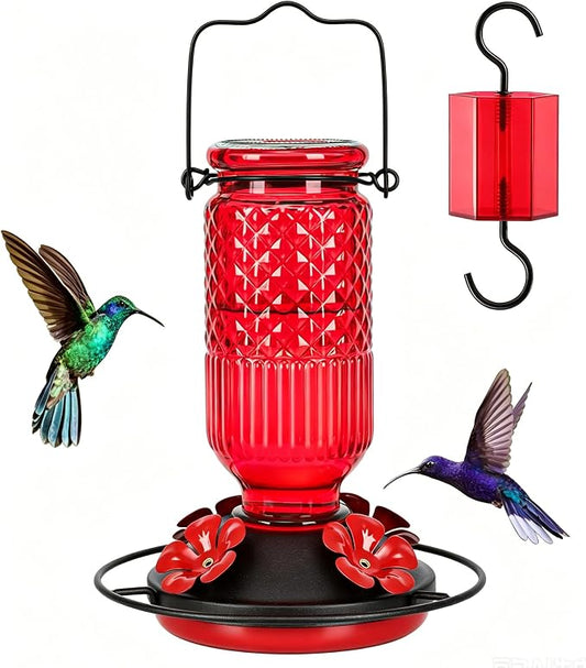FEED GARDEN Glass Hummingbird Feeder for Outdoors Hanging, 16 oz Leak-Proof Nectar Feeder with Bee Guards & Ant Moat, 4 Metal Flower Feeding Ports, 360° Perch Ring, Easy Refill & Clean, Red