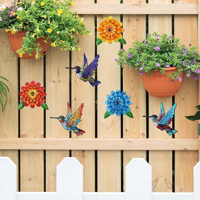 3D Metal Hummingbird Flower Wall Art Garden Decor, 6 PCS 6“ Birds Sunflower Outdoor Wall Art, Floral Wall Hanging Art Sculpture Outside Garden Living Room Porch Yard, Gift for Women Mom