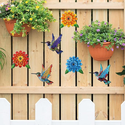 3D Metal Hummingbird Flower Wall Art Garden Decor, 6 PCS 6“ Birds Sunflower Outdoor Wall Art, Floral Wall Hanging Art Sculpture Outside Garden Living Room Porch Yard, Gift for Women Mom
