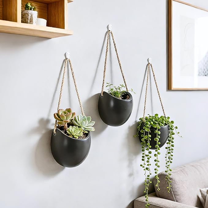 Set of 3 Ceramic Wall Planters Decor Small Hanging Vases Lovely Flower Pots | Wall Decor for Home, Entryway, Hallway, Deck, Bathroom, Living Room, Dining Room, Garden, Farmhouse, Restaurants, Office, etc