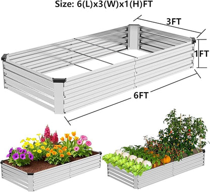 2 Pack 6x3x1FT Galvanized Metal Raised Garden Bed Kit for Vegetables, Herbs, Open-Bottom Large Capacity Outdoor Planter Box Gardening Stakes, Silver