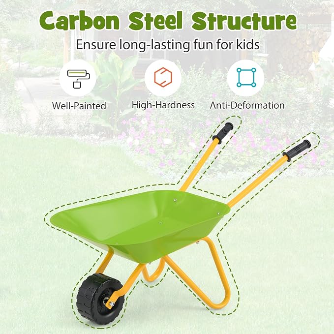 Costzon Kids Wheelbarrow, Metal Construction Toys Kart, Child Wheel Barrel w/Non-Slip Handle, Wearable Wheels, Yard Rover Steel Tray, Tote Dirt/Leaves/Tools in Garden for Toddlers (Light Green)