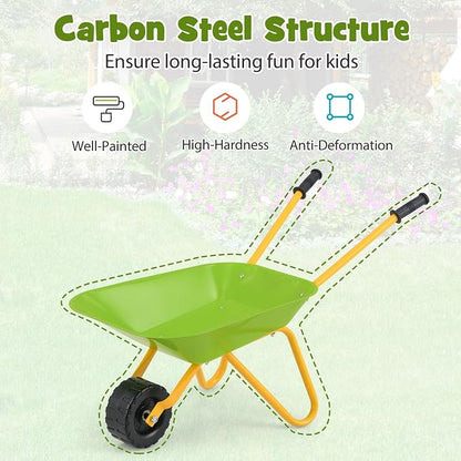 Costzon Kids Wheelbarrow, Metal Construction Toys Kart, Child Wheel Barrel w/Non-Slip Handle, Wearable Wheels, Yard Rover Steel Tray, Tote Dirt/Leaves/Tools in Garden for Toddlers (Light Green)