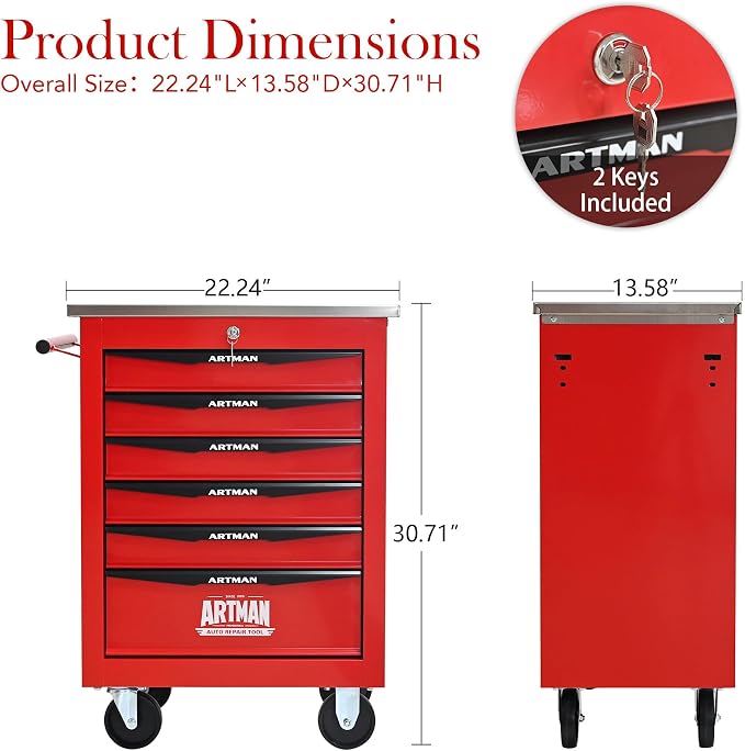 KEIKI 6 Drawers Tool Cart on Wheels,Multifunctional Rolling Tool Chest Tool Storage,Drawers Rolling Tool Trolley Organizer Tool Case for Garage, Warehouse, Workshop, Repair Shop (Red)