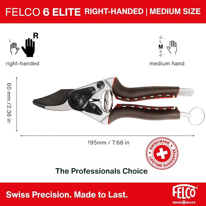 FELCO 6 ELITE Pruning Shears – 7.7" Swiss-Made Garden Clippers with Leather-Wrapped Handle for Medium Right Hands | Hand Pruners for Gardening | Garden Tool Cutter with Bypass Blade, Aluminum Body