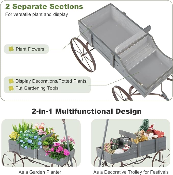 Wooden Wagon Planter, Decorative Flower Pots w/ 2 Planting Sections, Wheels & Handle, Rustic Farmhouse Garden Planter Box for Patio, Yard, Porch (Grey)