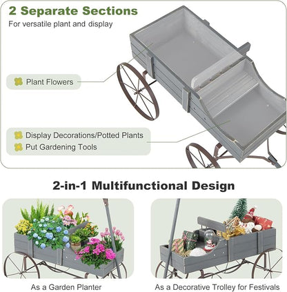 Wooden Wagon Planter, Decorative Flower Pots w/ 2 Planting Sections, Wheels & Handle, Rustic Farmhouse Garden Planter Box for Patio, Yard, Porch (Grey)