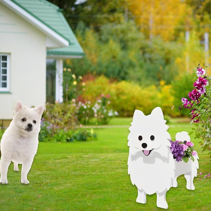White Pomeranian Dog Planter Pots, 9.45 x 6.65 x 12.13 Inches | Dog Flower Pot, Cute Animal Shaped Plant Pot, Gifts for Women & Pet Lovers, Indoor Outdoor Garden Home Office Decor