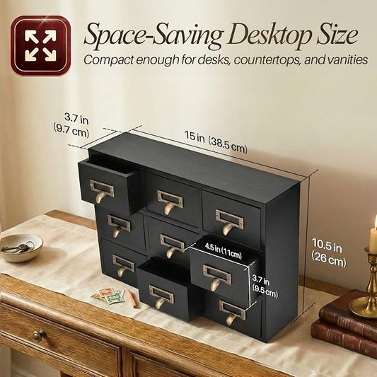 Flexzion Apothecary Cabinet with Drawers - 9 Vintage Drawers, Card Catalog Cabinet, Black Wooden Tabletop Desktop Organizer for Home Office, Jewelry, Makeup, Tools & Small Item Storage