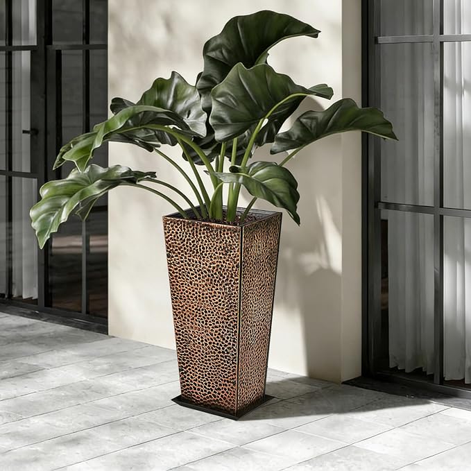 BAYN 2-Pack 24" Tall Metal Planter – Hand-Hammered Textured Large Bronze Flower Pots Box with Saucer for Outdoor&Indoor, Garden, Porch, Patio, Yard with Pre-Drilled Drainage Holes