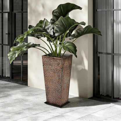 BAYN 2-Pack 24" Tall Metal Planter – Hand-Hammered Textured Large Bronze Flower Pots Box with Saucer for Outdoor&Indoor, Garden, Porch, Patio, Yard with Pre-Drilled Drainage Holes