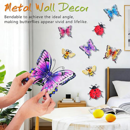 DEWEL 8 Pcs Metal Garden Decor for Outside, 3D Butterfly Ladybug Bee Outdoor Wall Art Decor, Colorful Hanging Decorations for Spring Garden Fence Patio Yard, Great Gift Choice