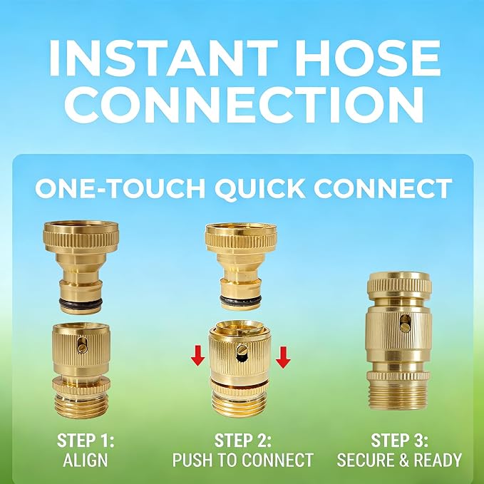3/4 Inch GHT Solid Brass Garden Hose Quick Connect Fittings, Water Hose Connectors with Leak-Proof Seal for Outdoor Gardening and Cleaning Use (6, Gold)