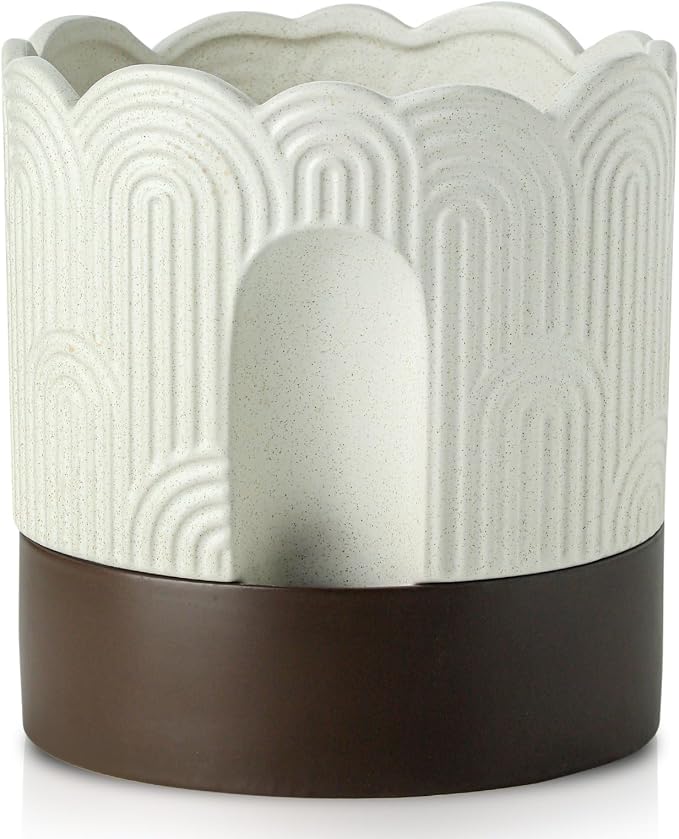 Nihow Ceramic Self Watering Pots for Indoor Plants, 8 Inch,Beige Brown | Visible Water Level Fill Port,Planter with Cotton Wick,Water Storage Plus, Cylinder Round Flower Pot, Succulent/Herbs/Violets