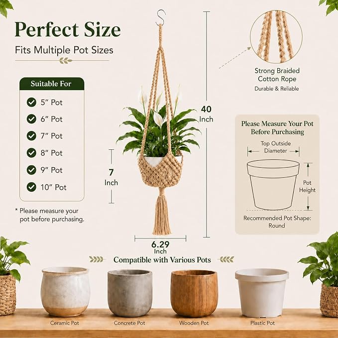 Shappy 1 Pack Boho Macrame Plant Hanger, Large Hanging Planter Plant Holder Pot Hanger Hanging Basket Wall Planters, Plants Lover Gift for Indoor Garden (Spiral Knot,Jute Color)