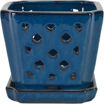 W&W Ceramic Orchid Pot with Holes and Saucer for Repotting, Blue, 7"