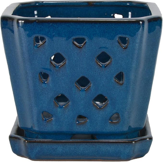 W&W Ceramic Orchid Pot with Holes and Saucer for Repotting, Blue, 7"