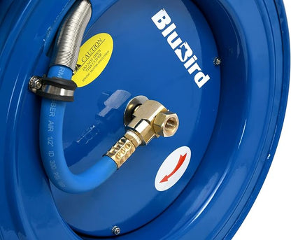 BLUBIRD BBRHD3850 18ga. Retractable Hose Reel with 3/8" X 50' Air Hose, 12 Point Ratcheting Gear, Next-Gen Rubber, Lightest, Strongest, Most Flexible, 300 PSI, -50F to 190F Degrees, Polyester Braided