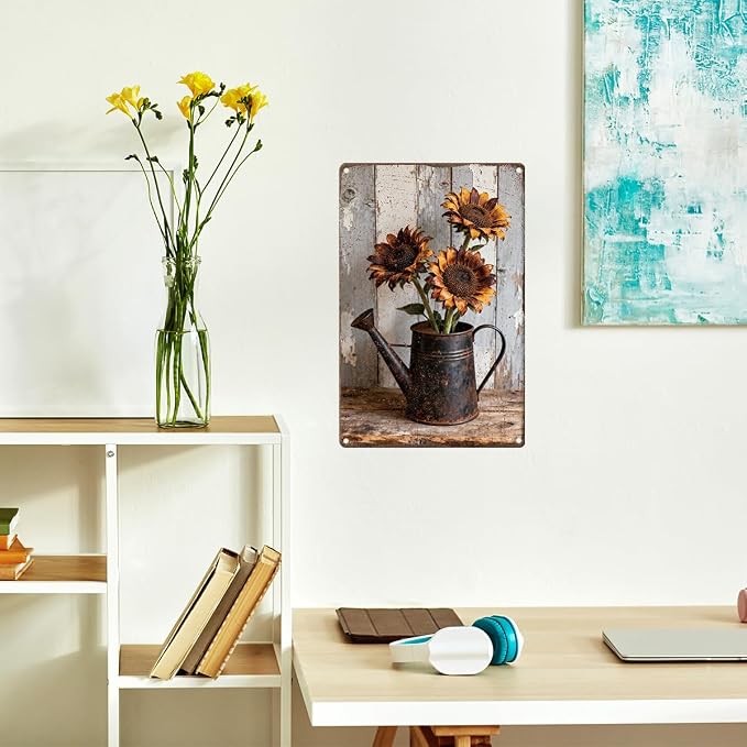 Sunflower Bucket Metal Tin,Summer Flower Sign | Rustic Summer Wall Art for Living Room Bedroom Greenhouse Garden Yard Wall Decor