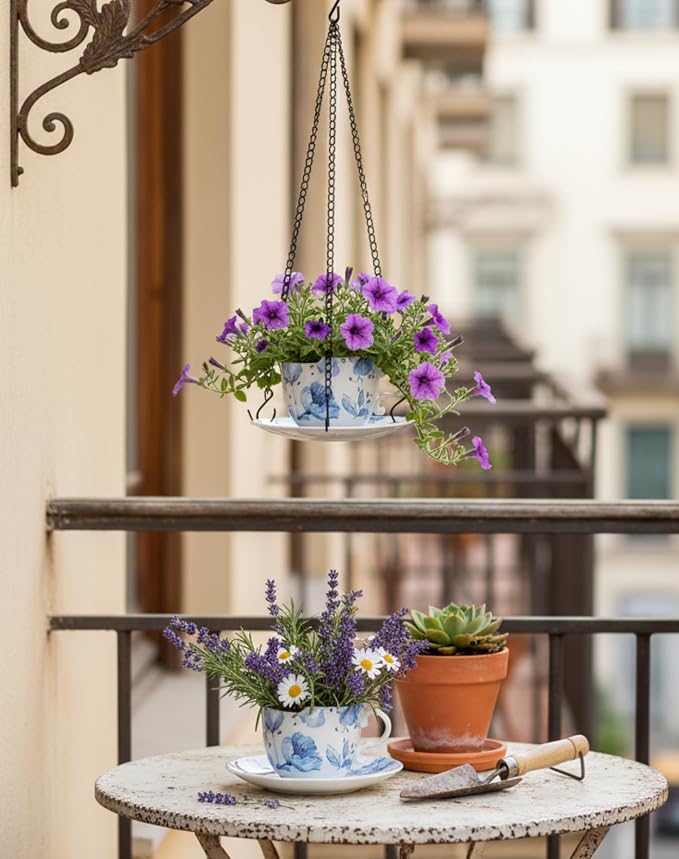 TEATALK Hanging Planters for Indoor Plants, Ceramic Pots with Drainage Hole, 6.3 Inch Hanging Planter with Chain, Outdoor Hanging Baskets for Plants, Blue Flowers, Cup Shape