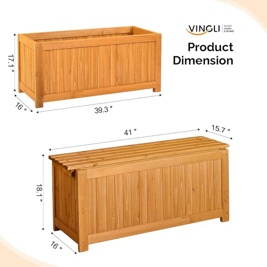 VINGLI 41" Raised Garden Bed with Wooden Bench Lid, Multi-Functional Rectangular Wood Planter Box, Cedar Wood Outdoor Planter Boxes for Flower Vegetable Herb Gardening